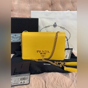 Prada miniborse Saffiano leather Yellow Crossbody Bag with Chain Strap